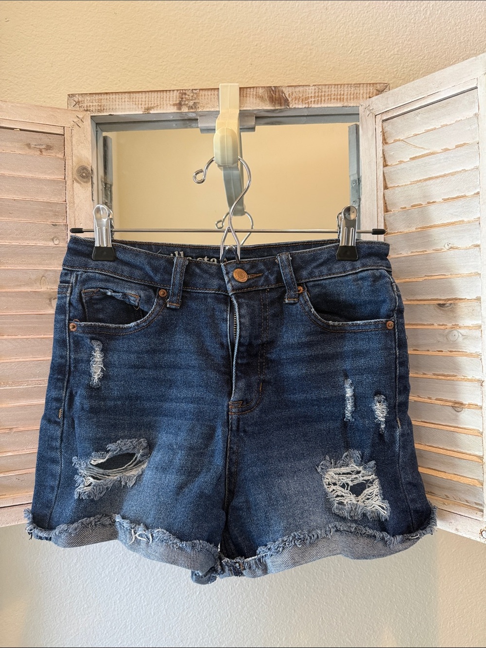 Vanilla Star Dark Blue Distressed Jean Shorts